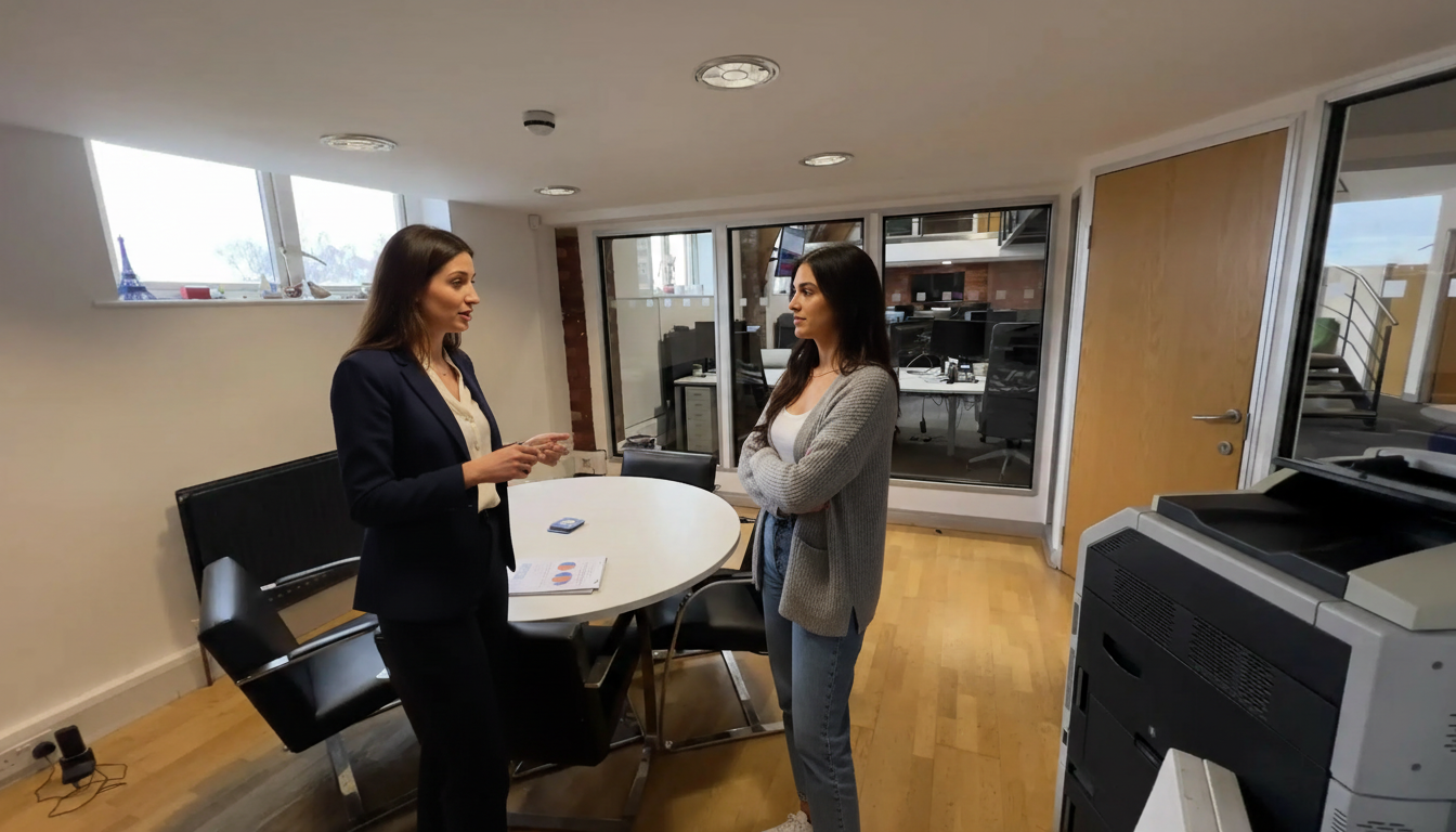 Jessica and Sara discussing SEO agency valuation inside a UK office.