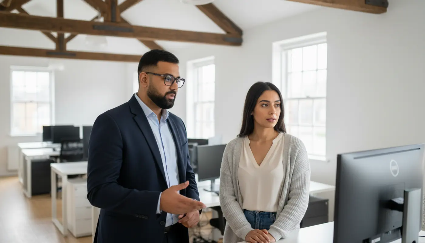 Omar and Sara discussing acquisition readiness inside a UK creator studio.