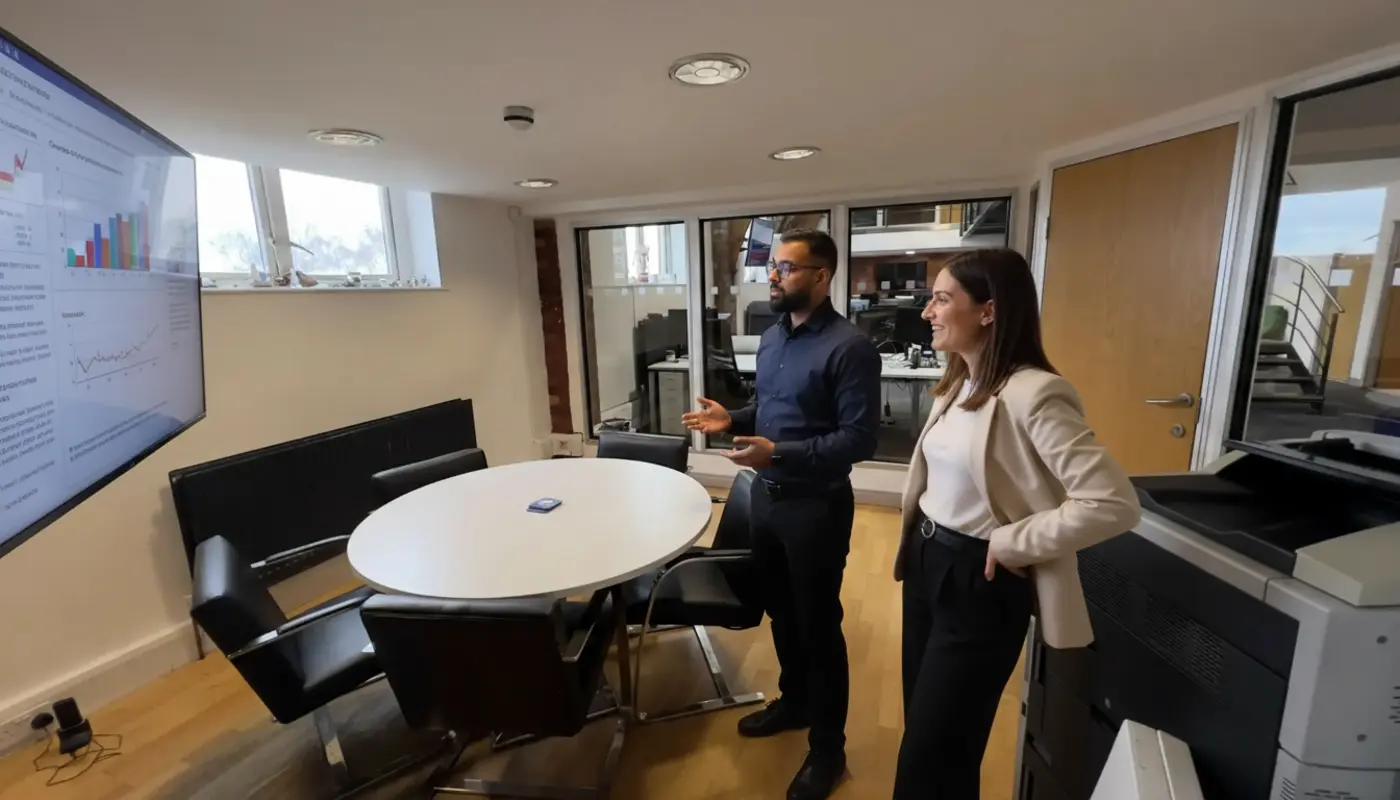 Omer and Jessica discussing SEO strategy inside a UK office, mid‑conversation.