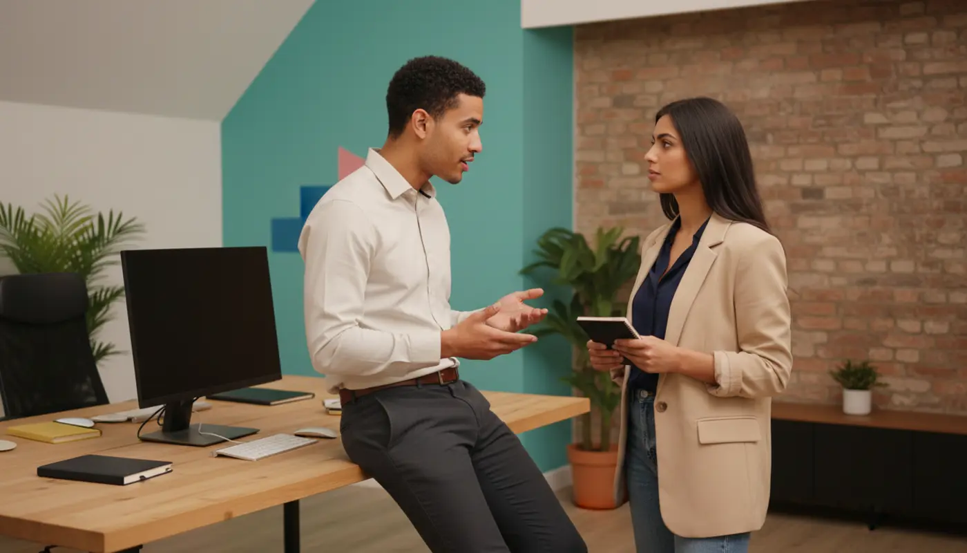 Zak and Sara discussing ecommerce strategy inside a UK creator studio.