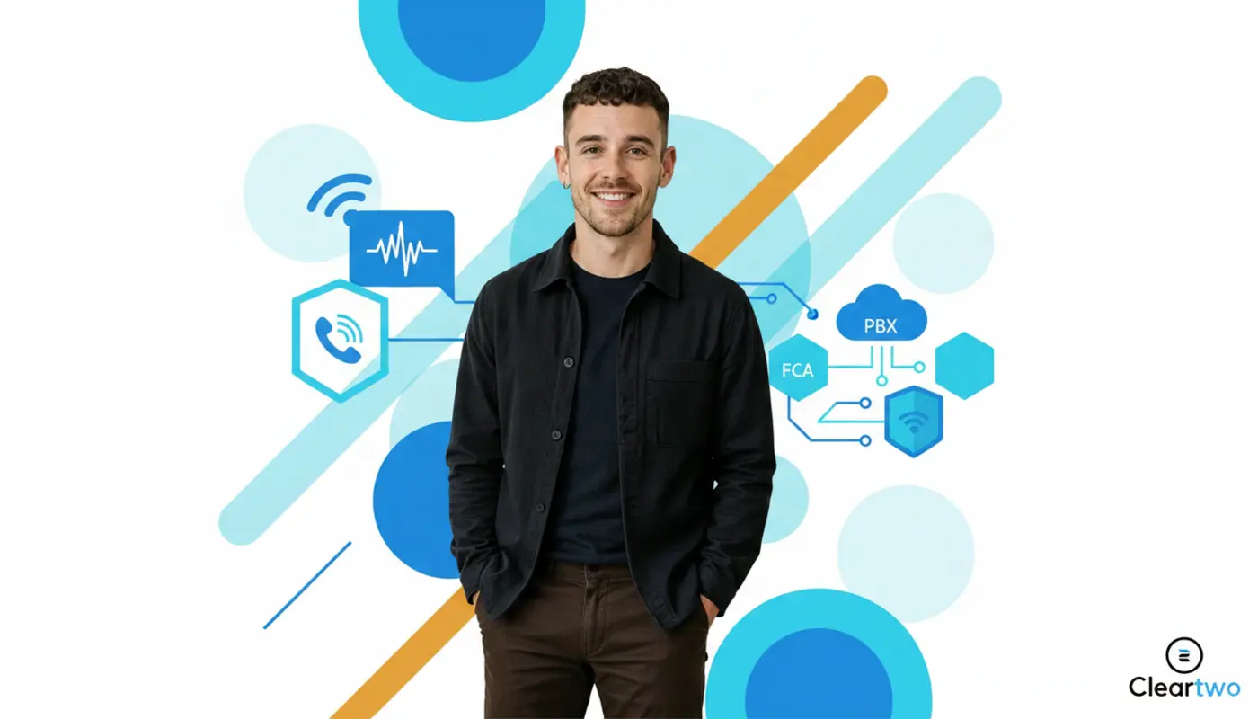 Adam posed against a bright geometric VoIP‑themed background representing secure communication for accountants.