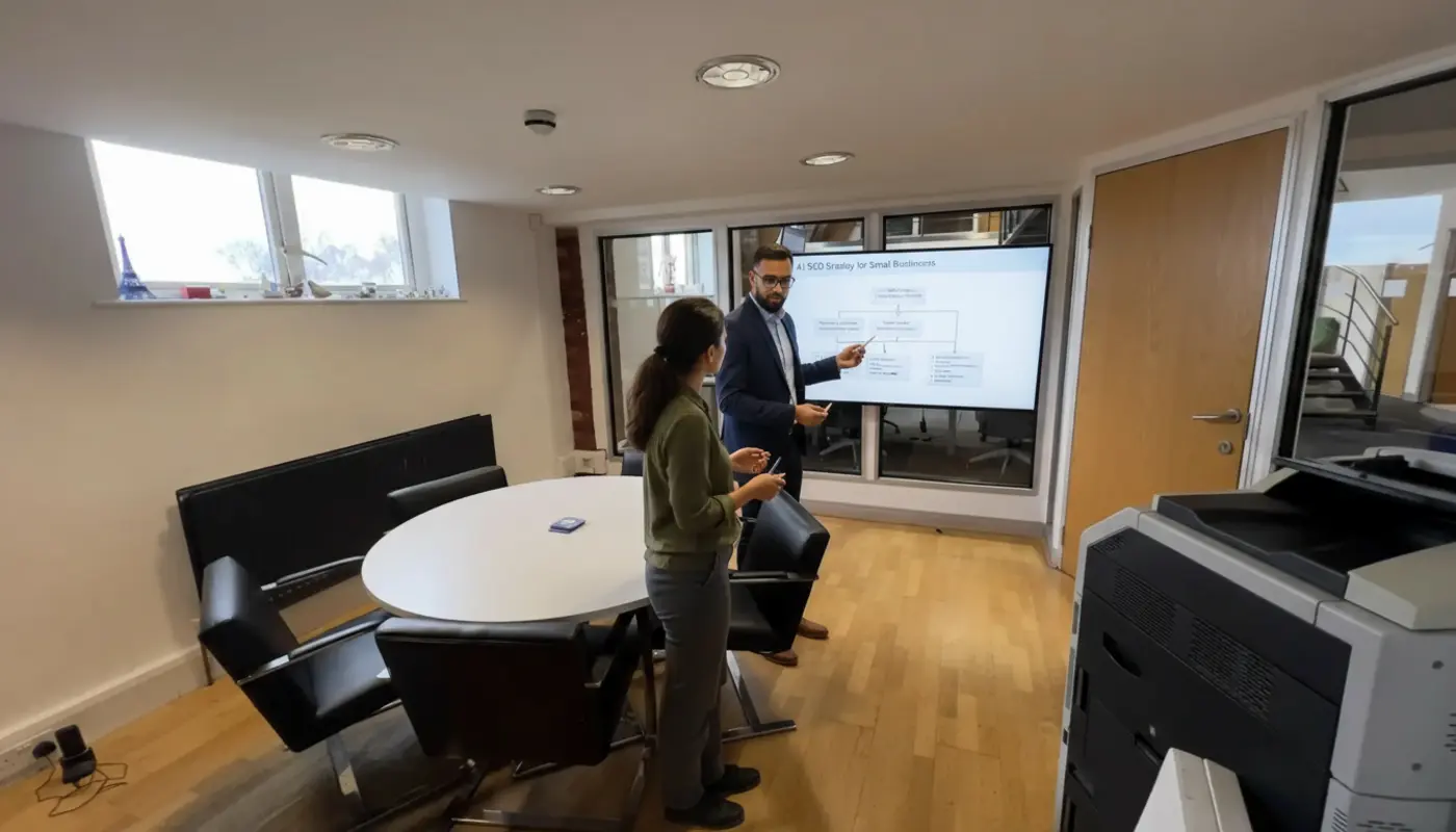Omar and Sara discussing AI SEO strategy inside a UK office environment.