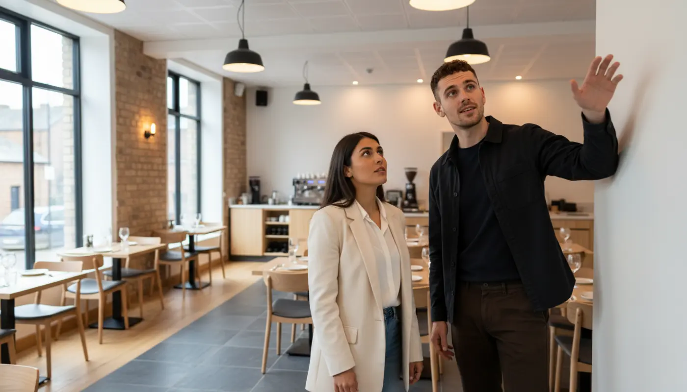Adam and Sara discussing digital signage placement inside a UK restaurant.
