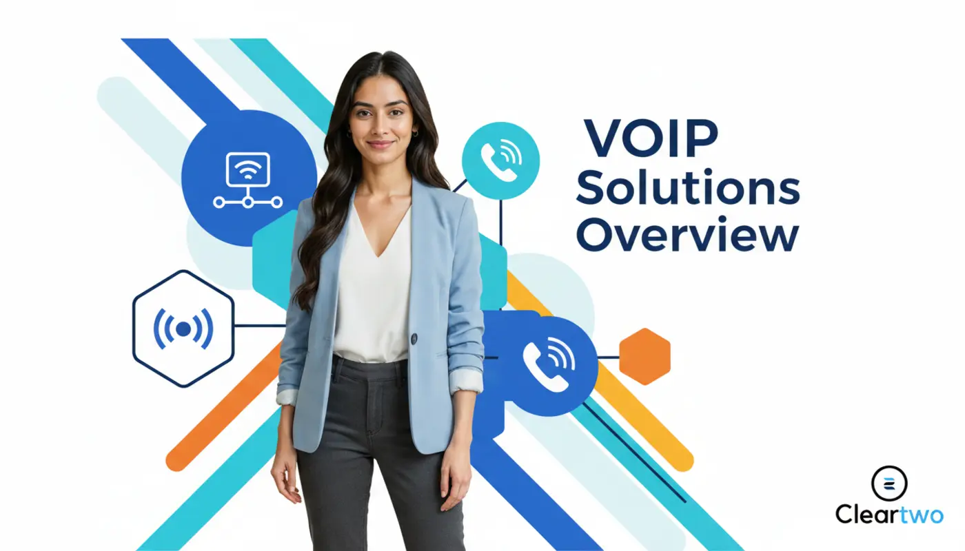 Sara posed against a bright geometric VoIP-themed backdrop representing modern telecom connectivity.