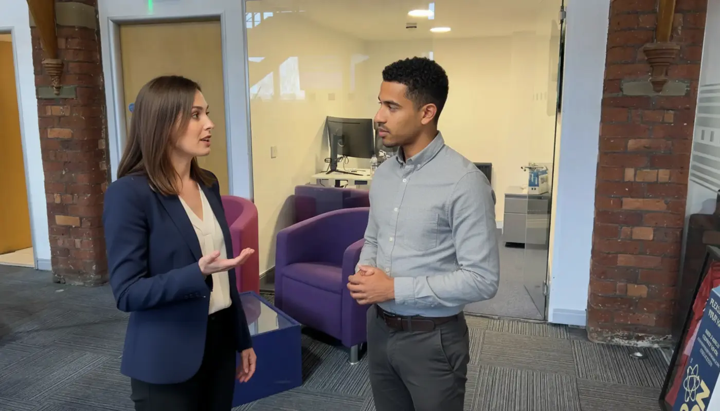 Jessica and Zak discussing CRM work inside a UK office.