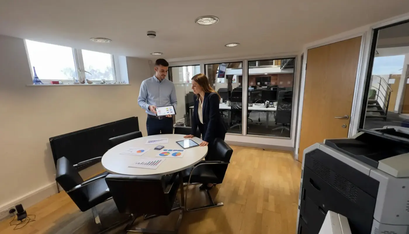 Adam and Jessica discussing cross‑network analytics inside a UK office.