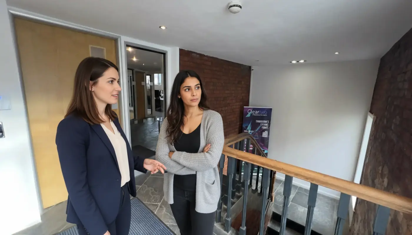 Jessica and Sara discussing an MSP IT support task inside a UK office.