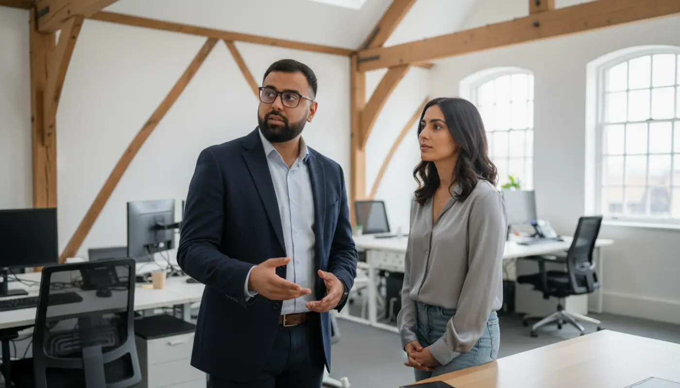 Omar and Sara discussing AI data in a UK office, mid‑conversation.