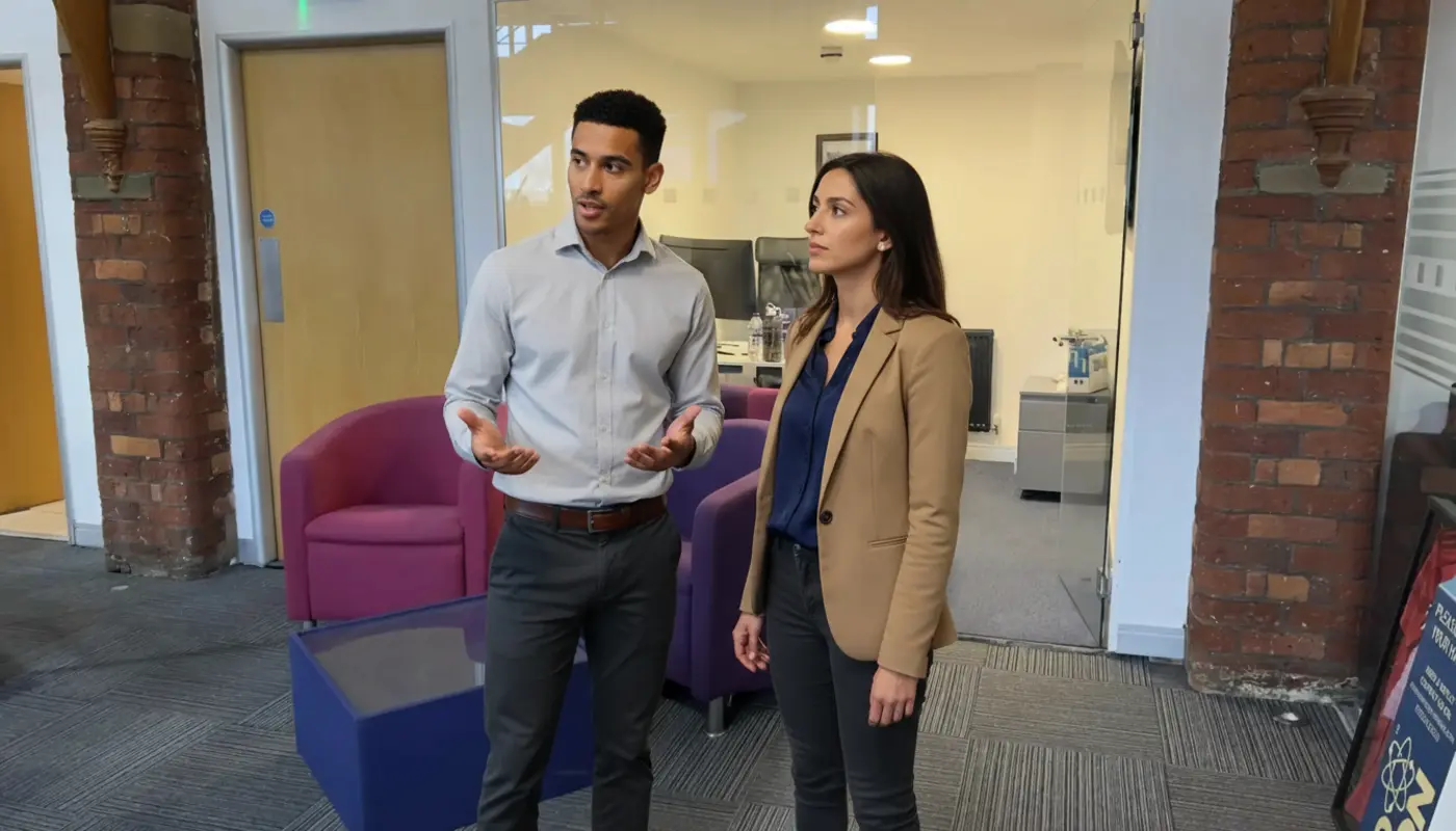 Zak and Sara collaborating in a UK office discussing programming support.
