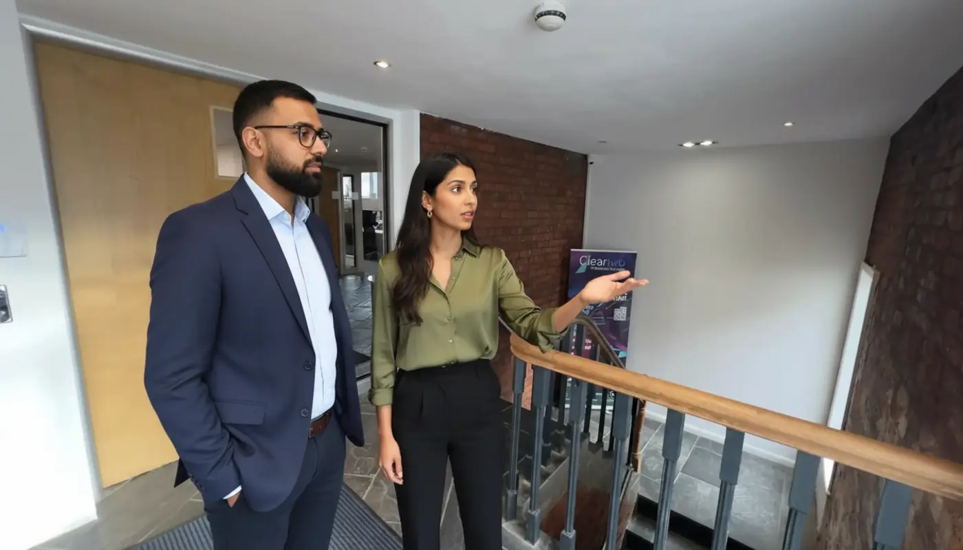 Omer and Sara discussing business plan AI tools inside a UK office.