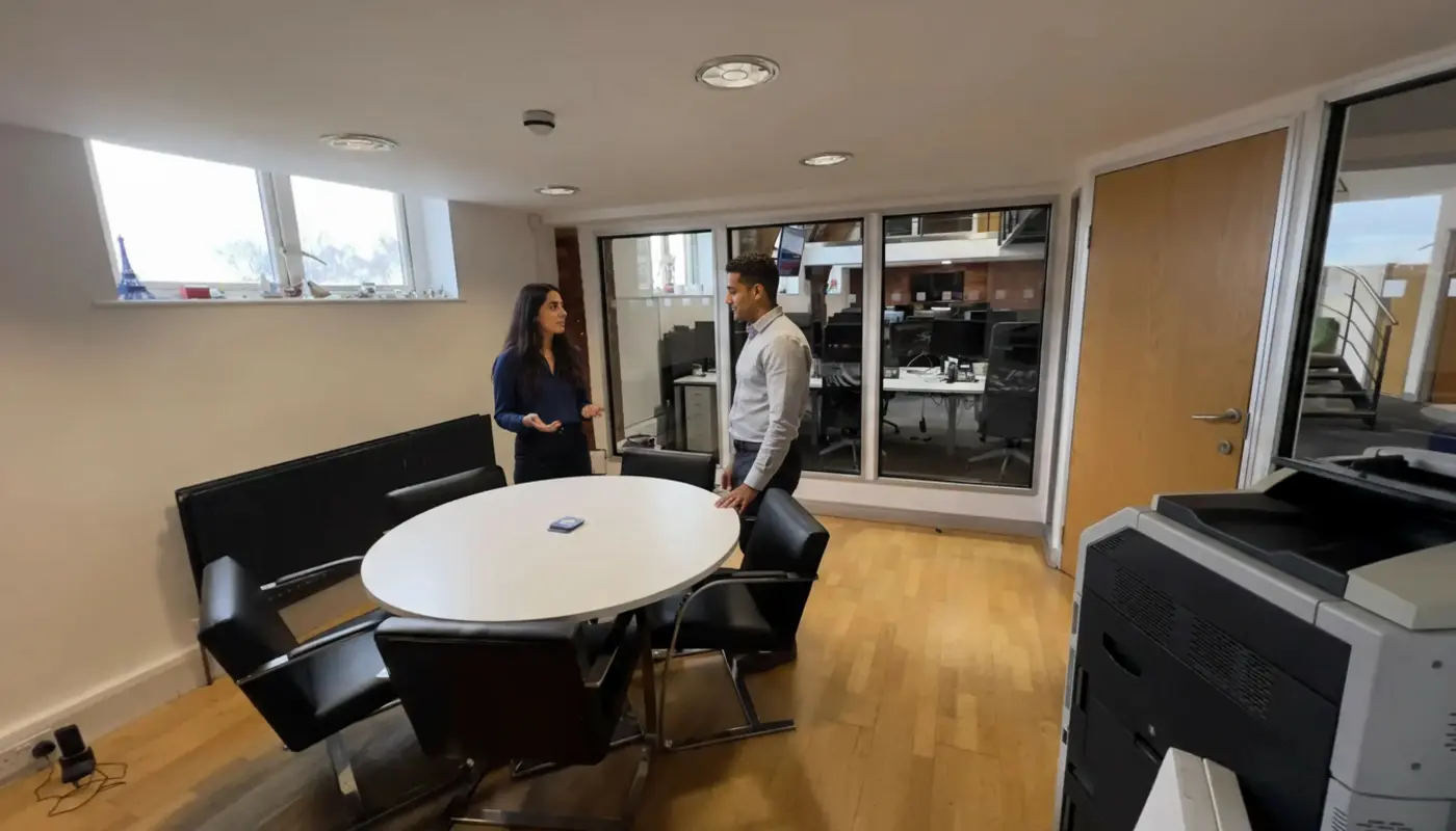 Sara and Zak discussing marketing strategy inside a UK office, captured naturally while collaborating.