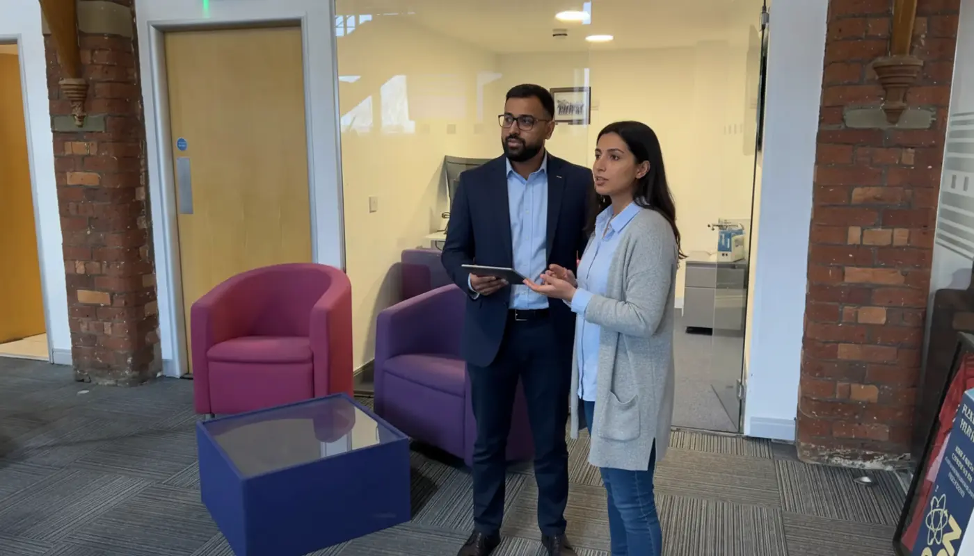 Omar and Sara discussing work inside a UK office in a natural collaborative moment.