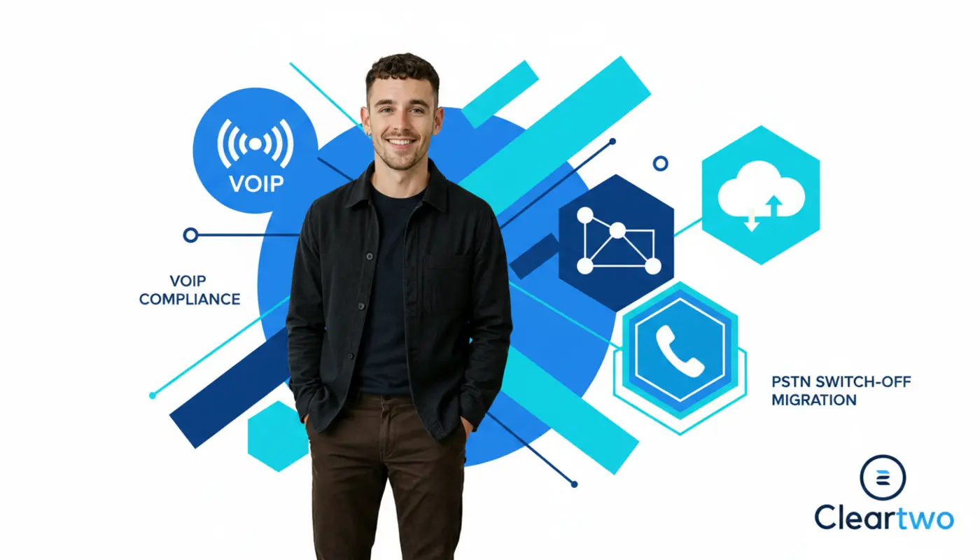 Professional image of Adam posed confidently before bright VoIP‑themed geometric graphics.