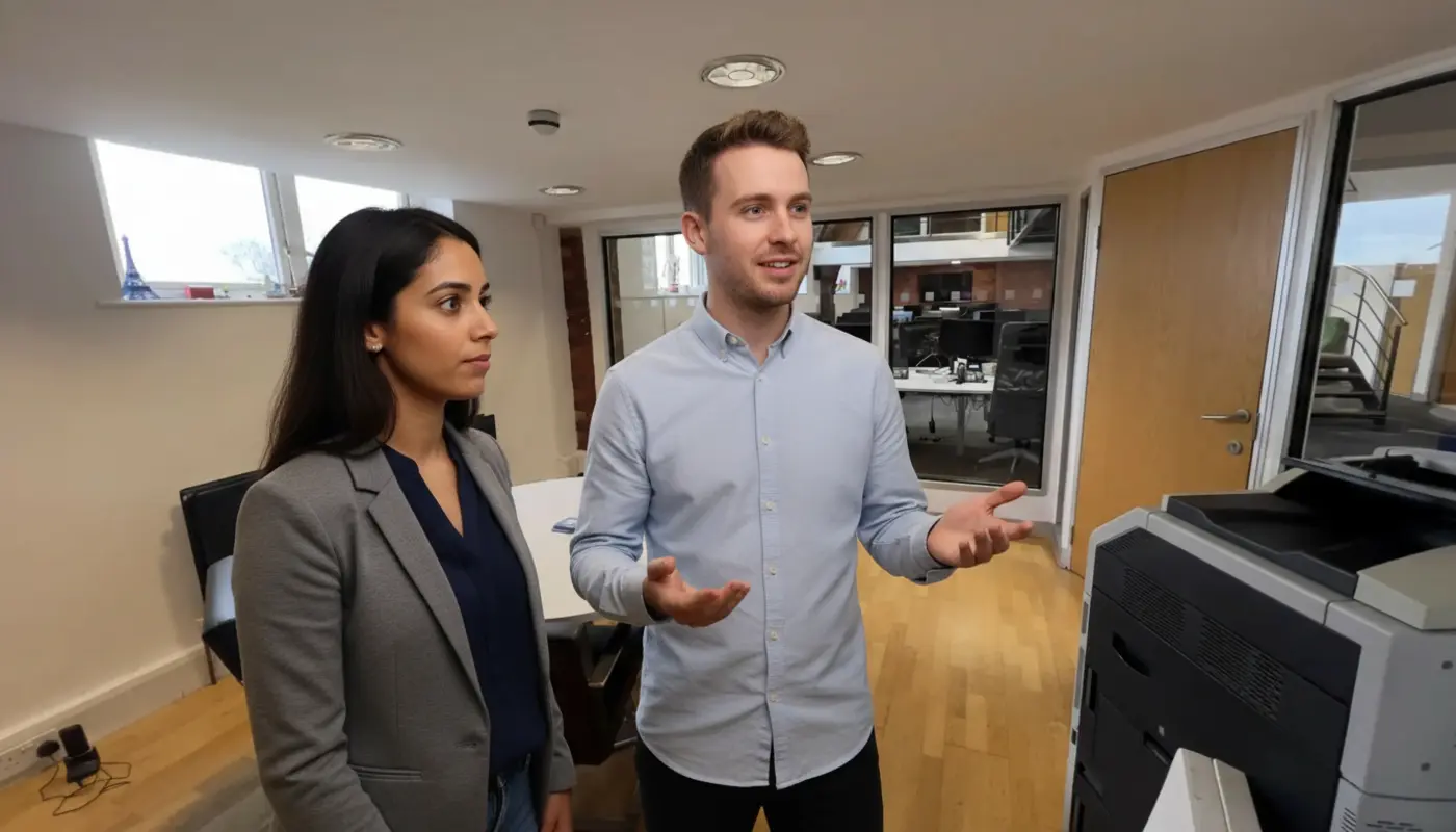 Sara and Adam discussing Microsoft 365 differences inside a UK office environment.