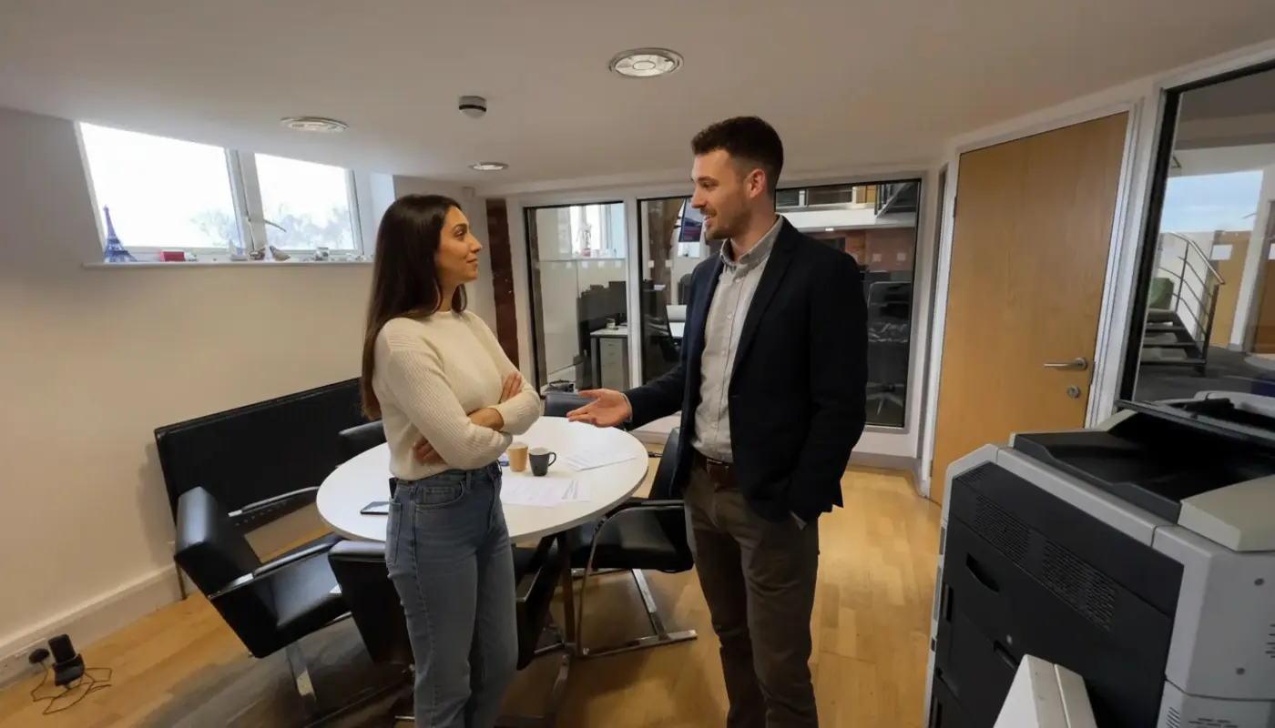 Adam and Sara discussing campaign ideas inside a UK creator studio.