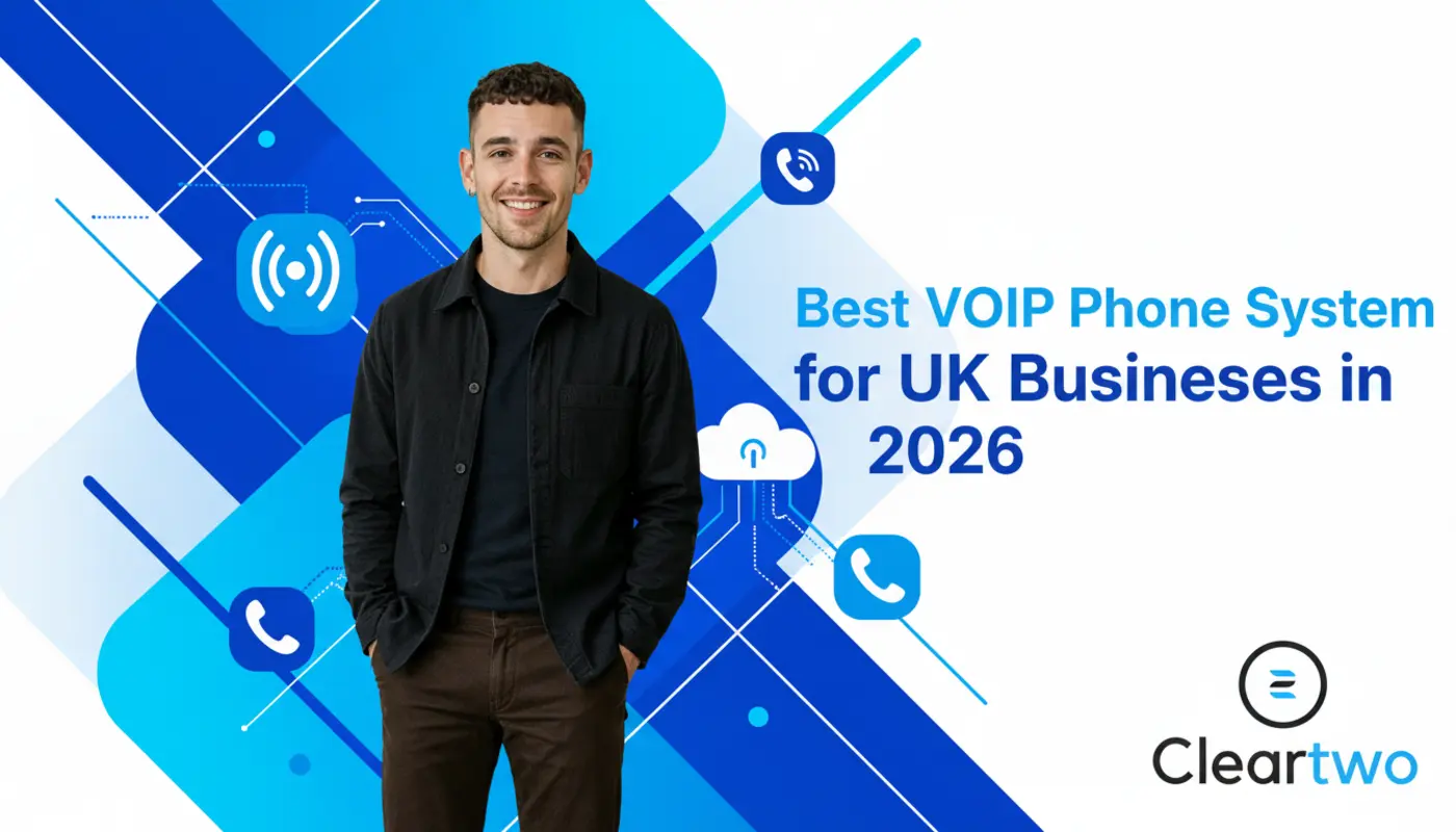 Photorealistic image of Adam in front of bright geometric VoIP‑themed graphics for a UK telecom article.