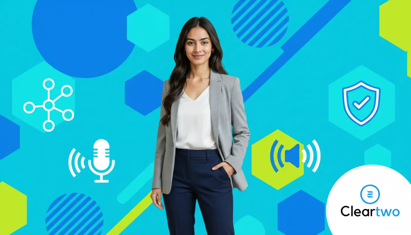 Sara standing confidently against a bright illustrated tech background symbolising a business phone system audit.