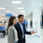 Zak and Sara discussing wayfinding signage placement inside a UK hospital reception area.