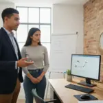 Zak and Sara discussing a WordPress website plan inside a UK office.