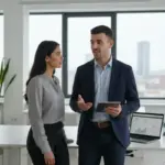 Adam and Sara discussing email marketing workflow inside a UK office environment.