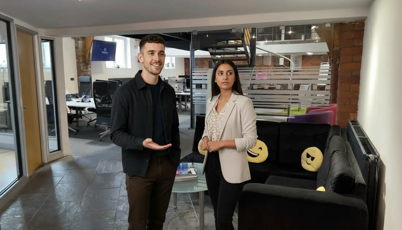 Adam and Sara discussing social media advertising strategy inside a UK creator studio.