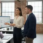 Jessica and Adam discussing PPC strategy inside a UK office environment, mid-conversation.