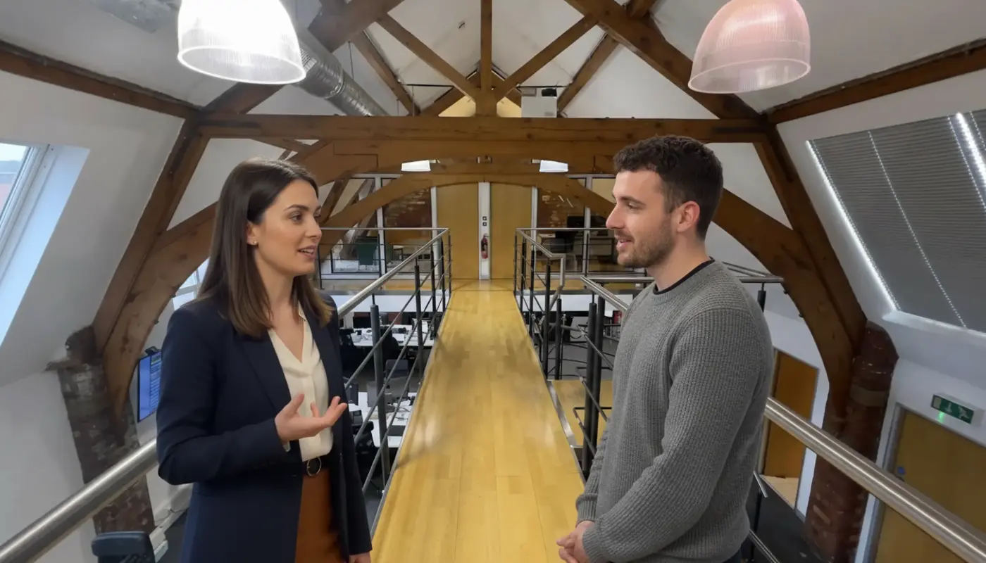 Jessica and Adam collaborating in a UK office discussing AI voice agent development.