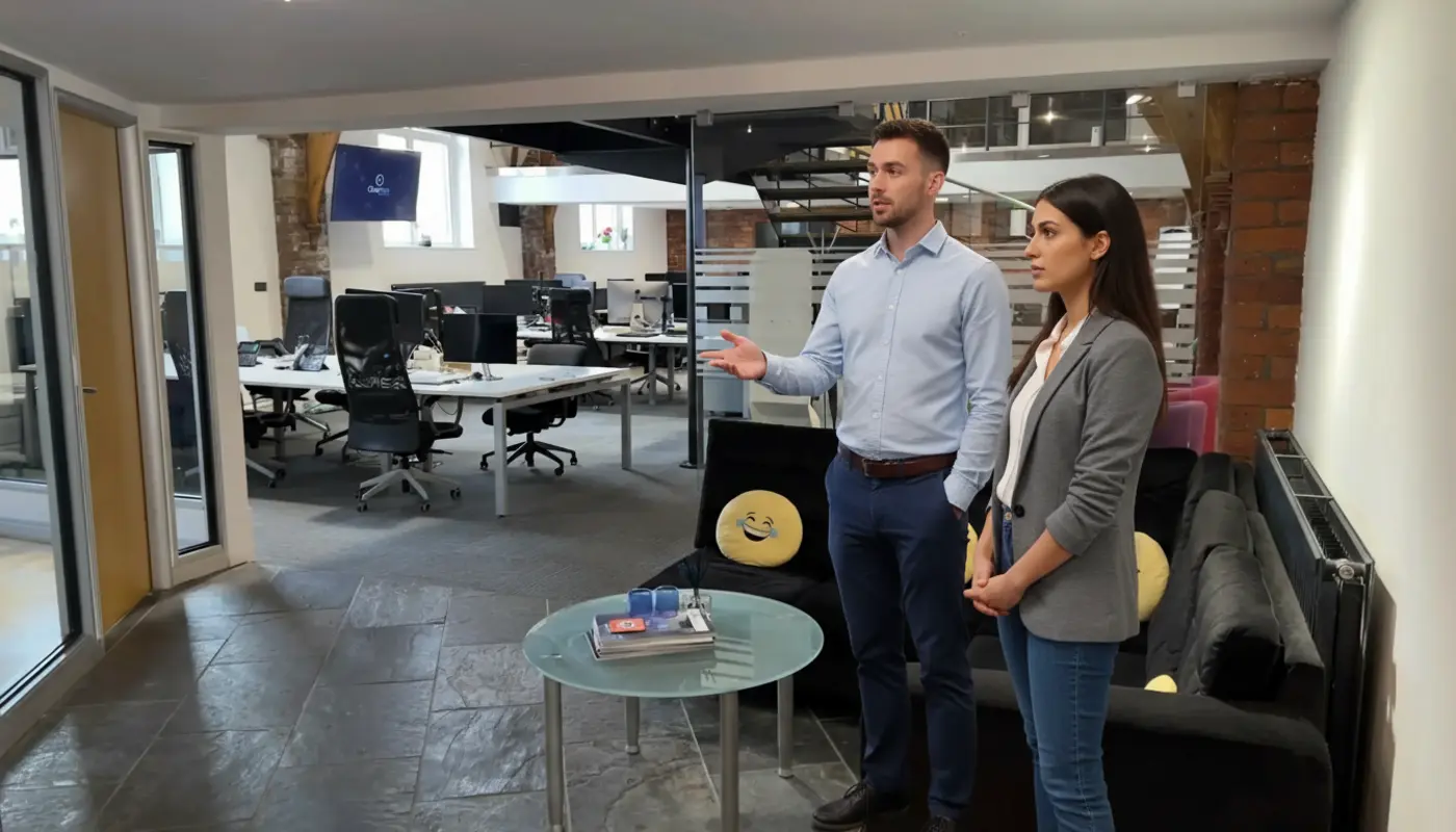 Adam and Sara discussing CRM options inside a UK office mid‑conversation.