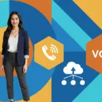 Professional portrait of Sara against a bold geometric VoIP themed background for a telecom blog.