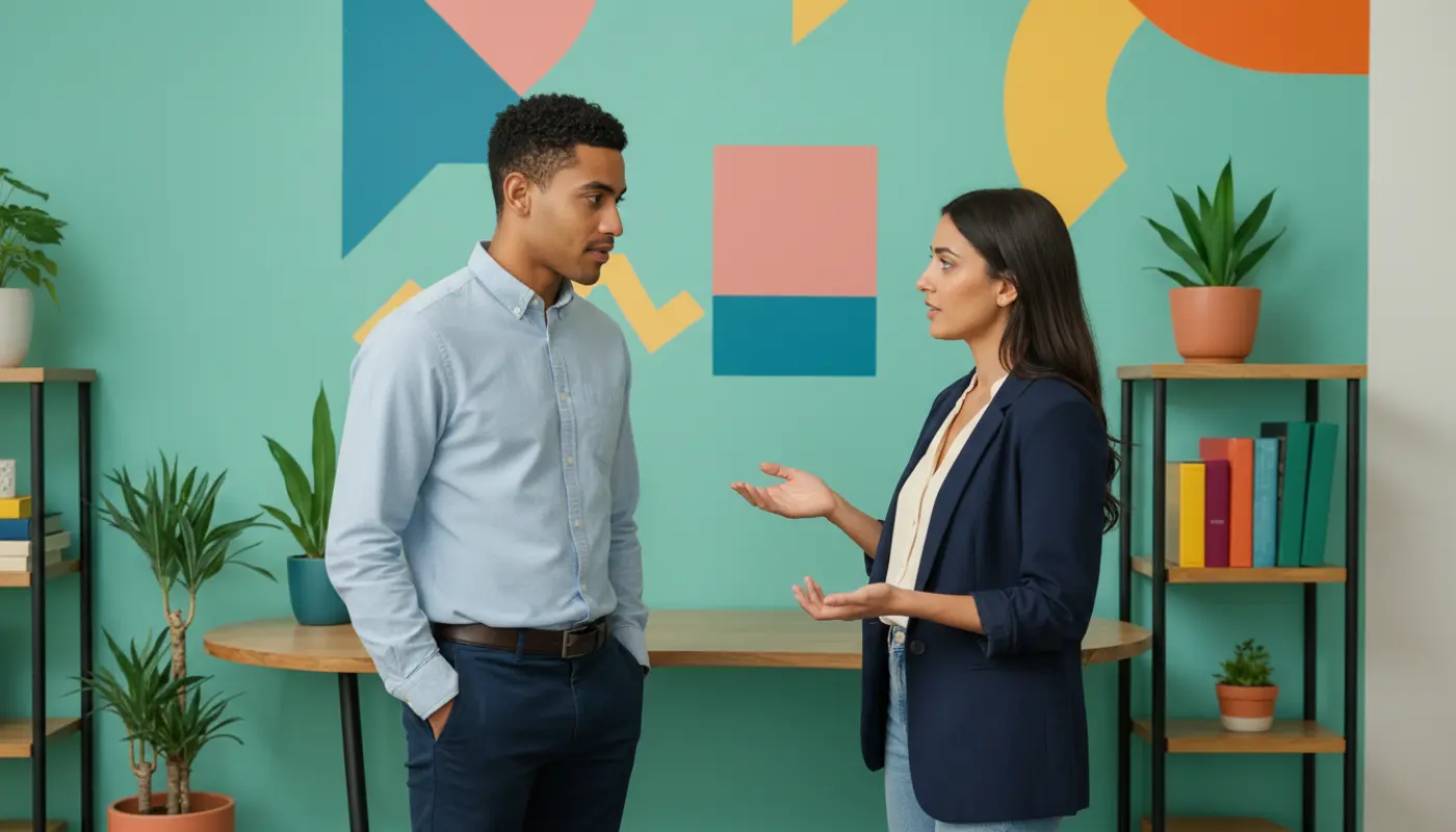 Zak and Sara discussing logo design strategy inside a UK creative workspace.
