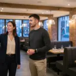 Jessica and Adam discussing digital signage placement inside a UK restaurant.