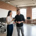 Sara and Adam discussing AI‑generated logo ideas inside a UK creator studio.
