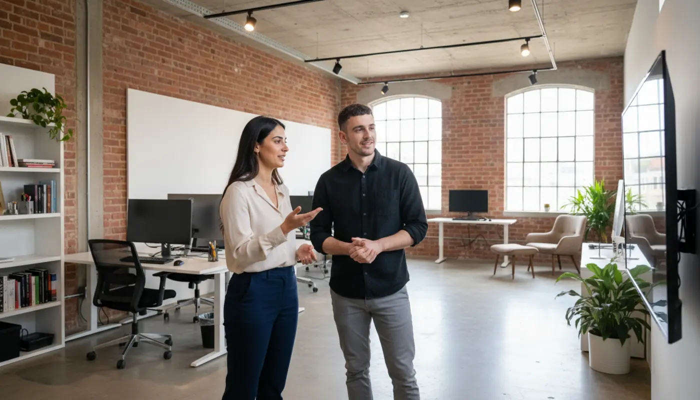 Sara and Adam discussing AI‑generated logo ideas inside a UK creator studio.
