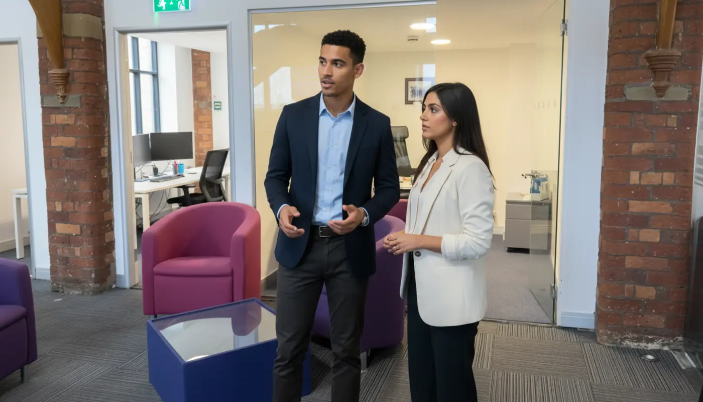 Zak and Sara discussing Shopify setup inside a UK office.