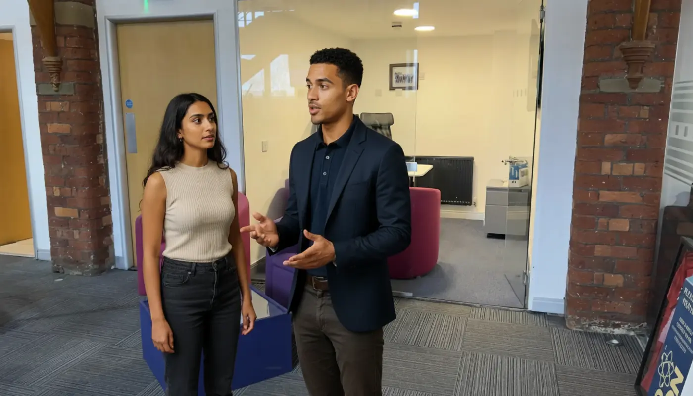 Zak and Sara collaborating in a UK office during an active discussion.