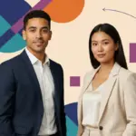 Zak and Jessica stand confidently against a geometric editorial backdrop symbolising a smooth UK agency sale before relocating abroad.