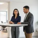 Sara and Zak discussing Outlook settings inside a UK office, mid-conversation.