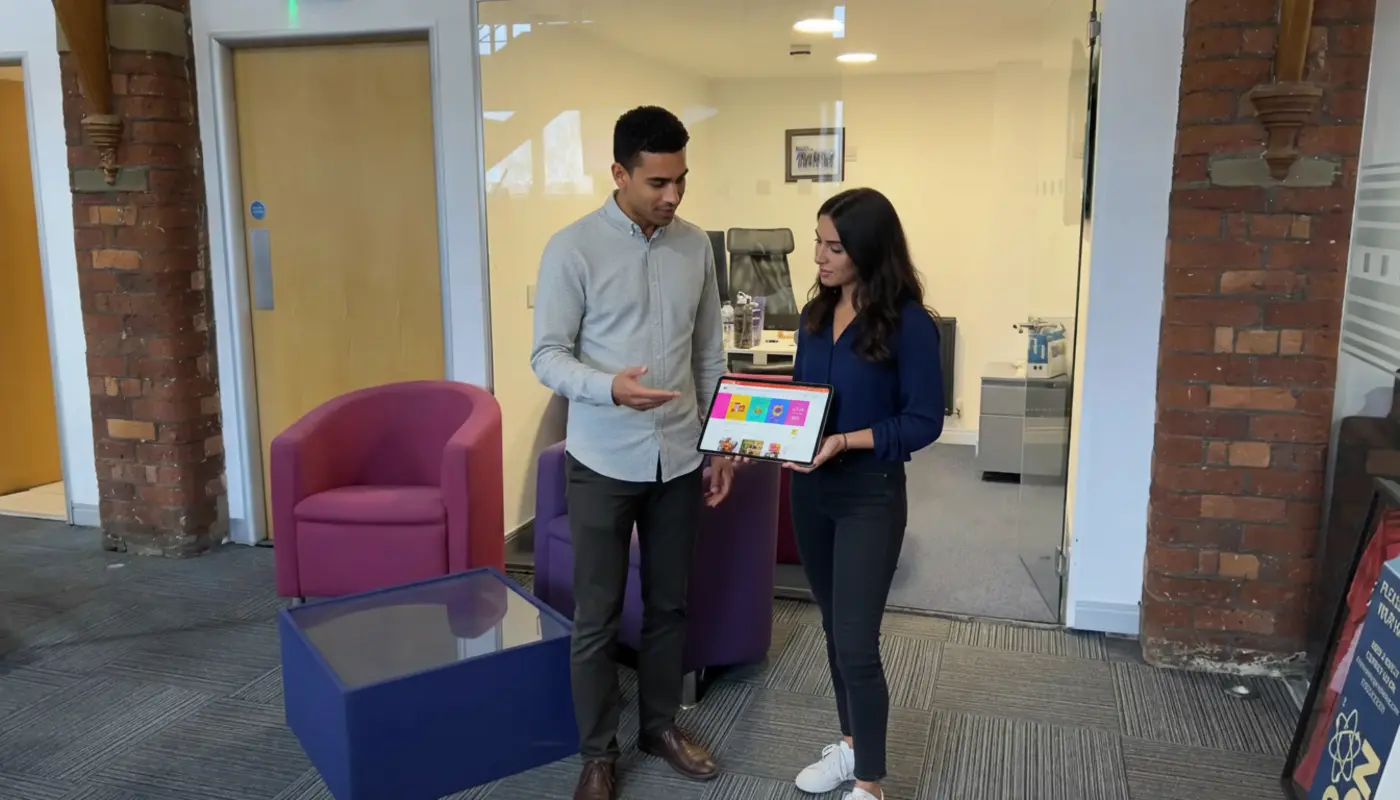 Zak and Sara discussing Shopify shopping behaviour inside a UK office.