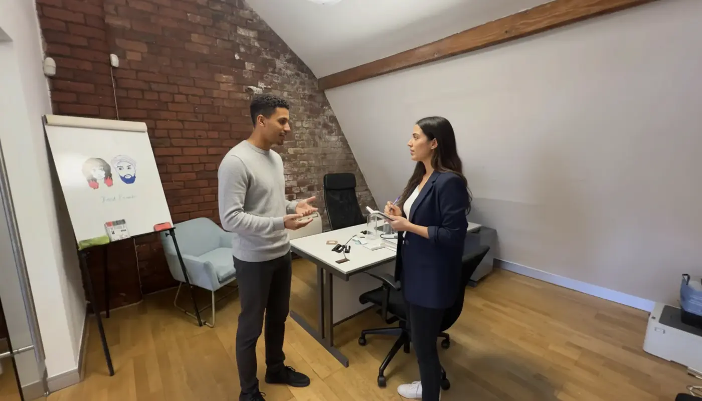 Zak and Sara discussing TikTok strategy inside a UK creator studio, captured mid-collaboration.