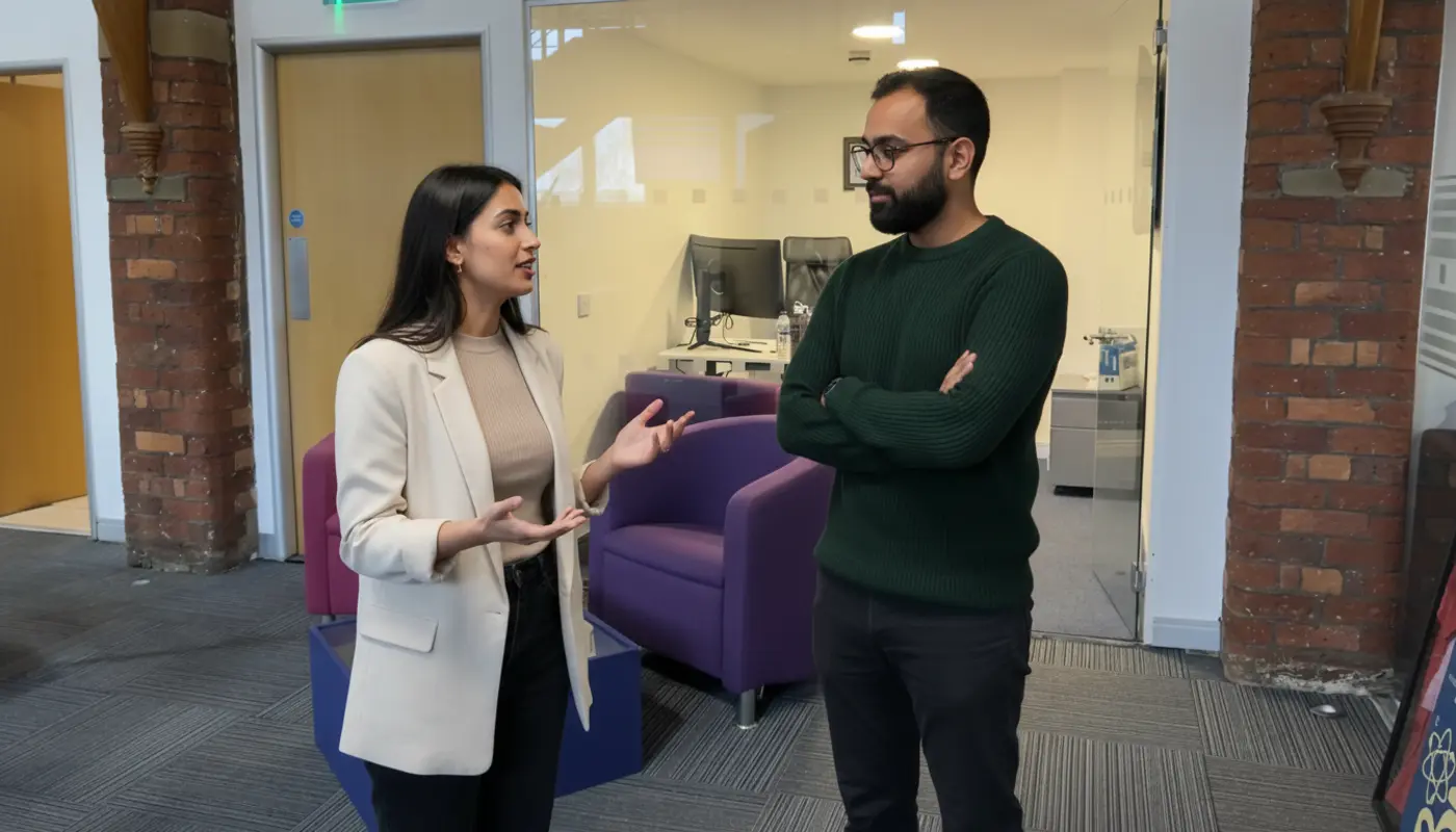 Sara and Omar discussing social media policy updates inside a UK creator studio.