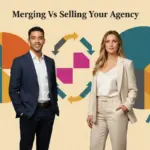 Zak and Jessica posed confidently in front of a premium geometric editorial background symbolising agency merger versus sale decisions.
