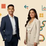 Zak and Jessica standing confidently against a geometric editorial backdrop symbolising quick exits versus maximum value in UK agency sales.