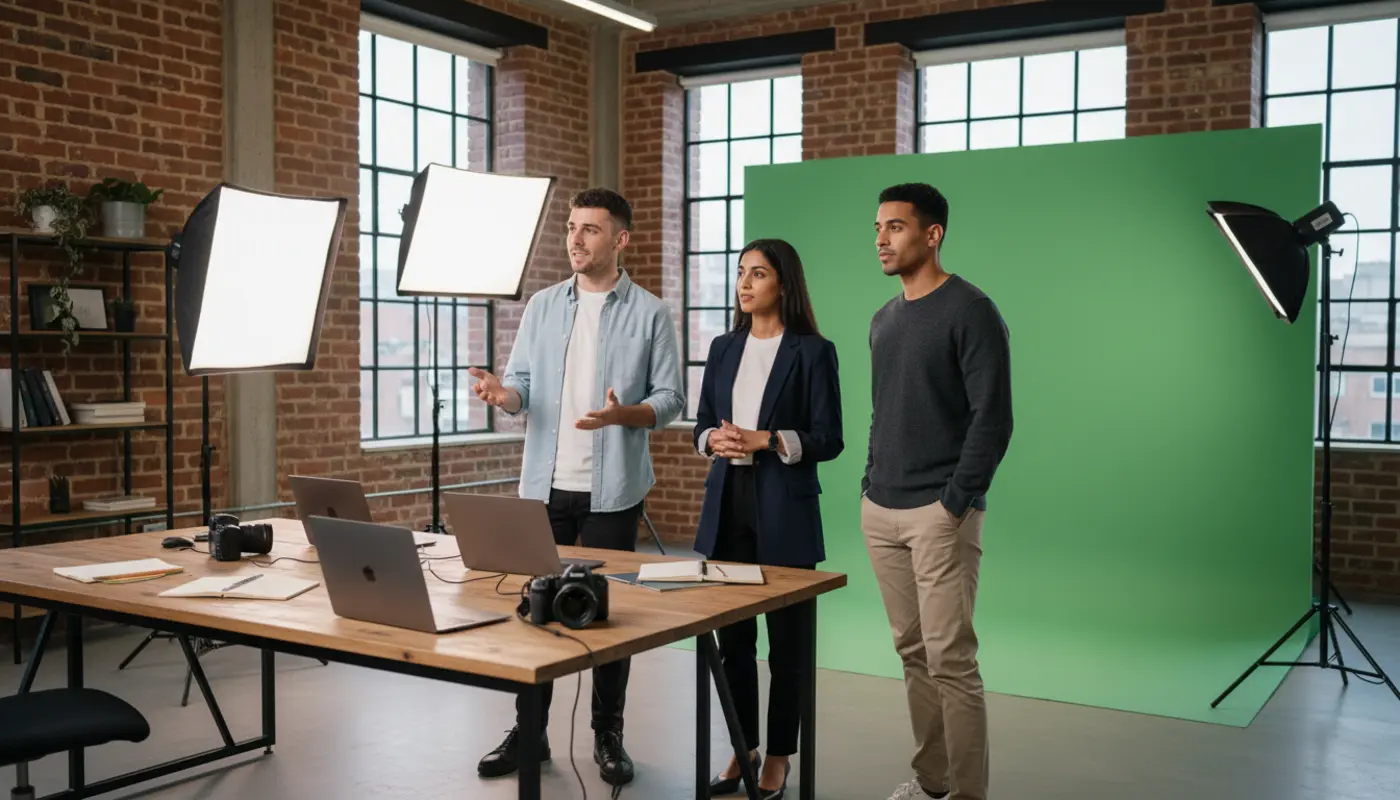 Adam, Sara, and Zak discussing social media content in a UK creator studio.