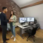 Zak and Sara discussing a design layout together in a UK creative workspace.