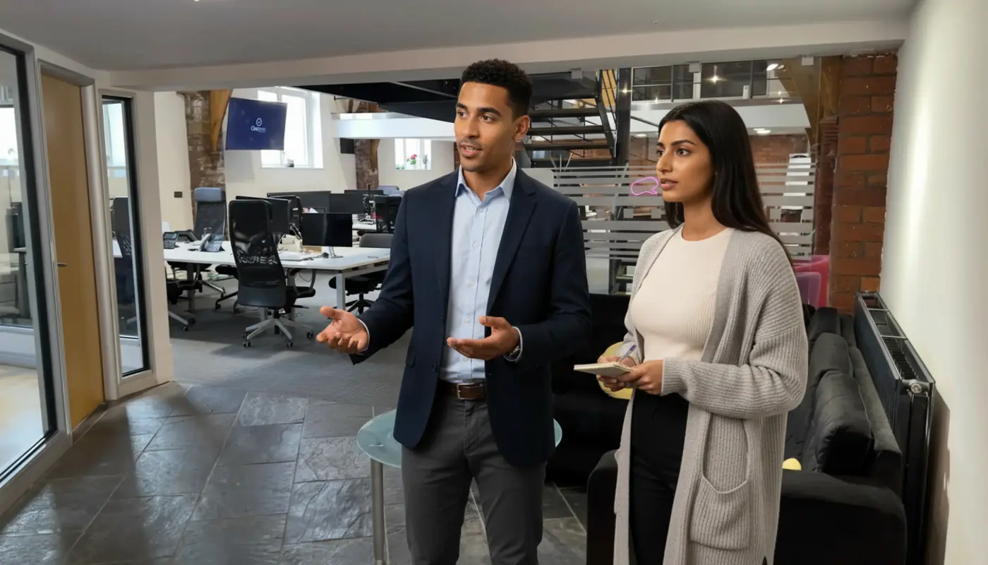 Zak and Sara discussing work together inside a UK office environment.