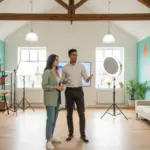 Zak and Sara discussing social media work inside a UK creator studio.