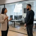 Sara and Omar collaborating inside a UK creator studio discussing social media trends.