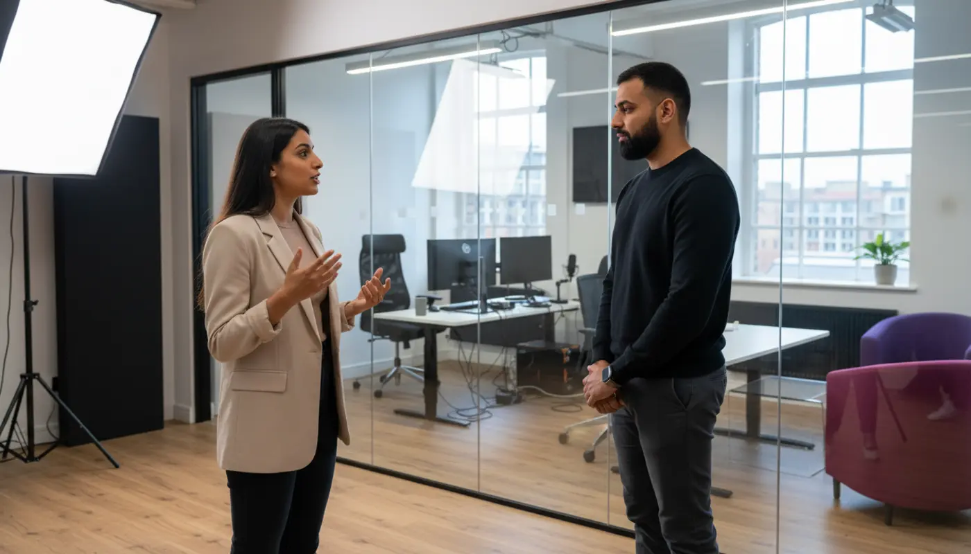 Sara and Omar collaborating inside a UK creator studio discussing social media trends.