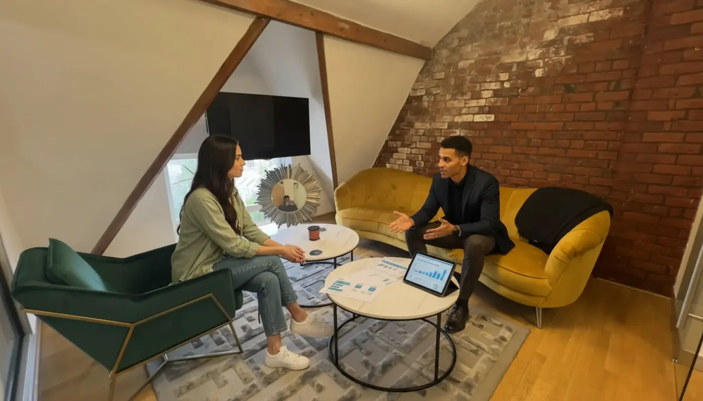 Zak and Sara discussing VoIP options in a bright office with a single IP handset on the table.
