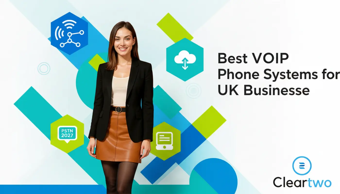 Jessica in front of a bright geometric VoIP‑themed background representing UK business phone systems.